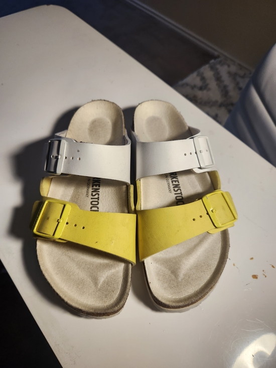 Birkenstock Shoes - Birkenstock Two-Tone Yellow & White Slide Sandals